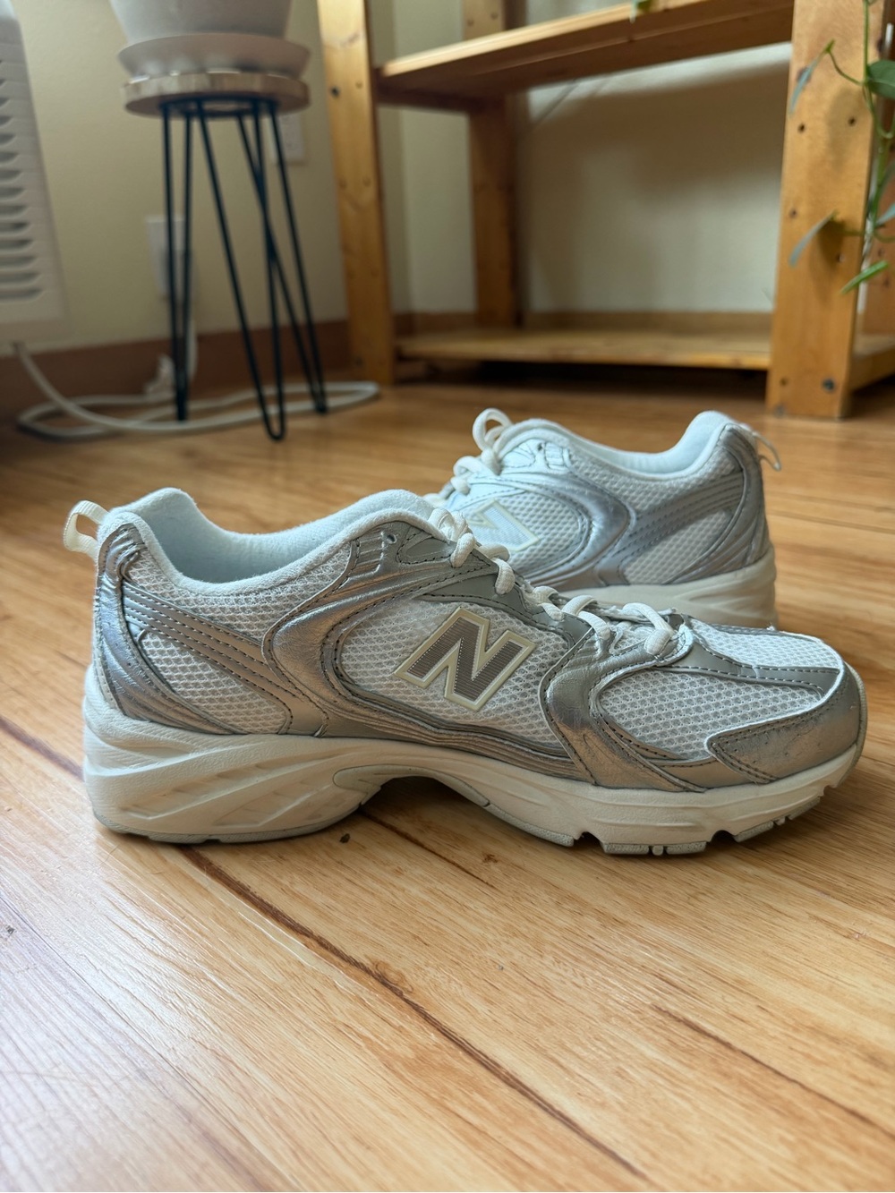 New Balance 530 Silver and White Athletic Sneakers